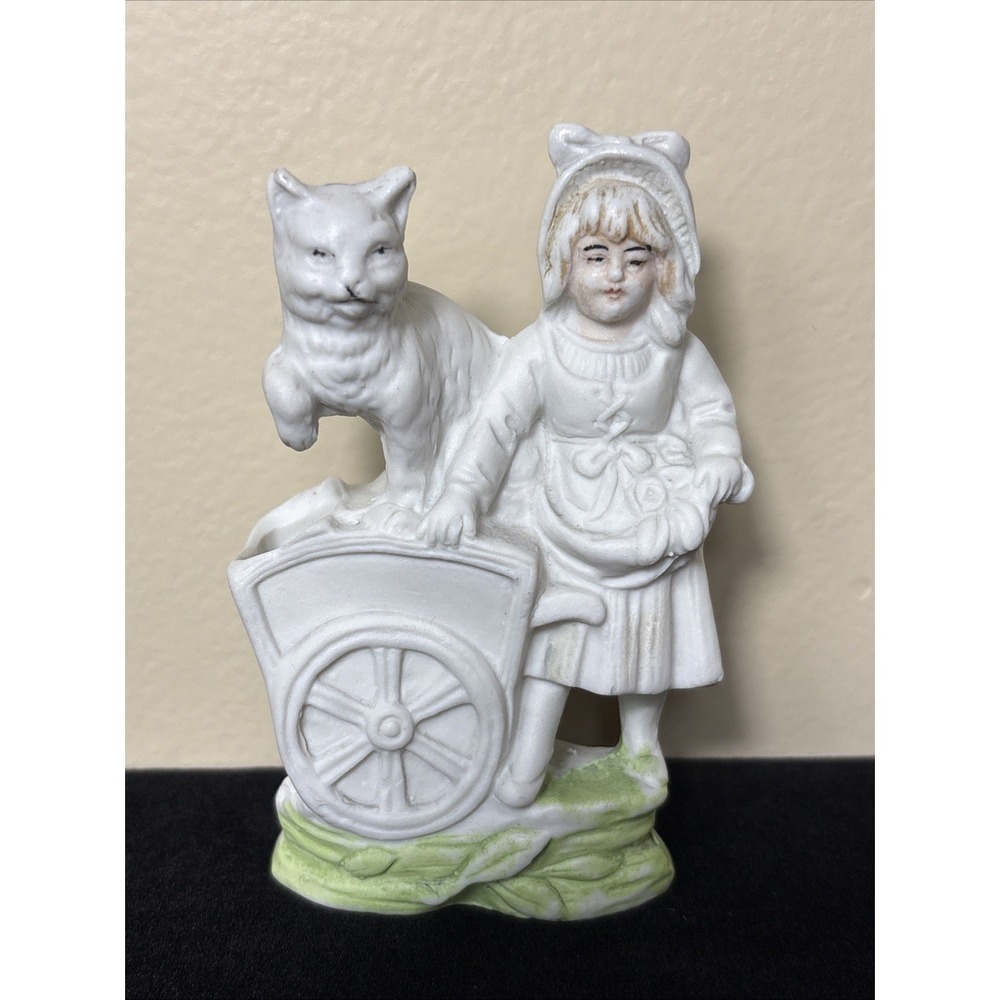 ANTIQUE GERMAN? BISQUE PORCELAIN FIGURINE Bud Vase - Girl with Wagon & Cat!